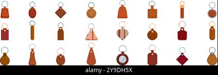 Schlüsselanhänger-Symbole aus Leder. Verschiedene Stile von Schlüsselanhängern mit verschiedenen Formen, perfekt für die Präsentation personalisierter Accessoires Stock Vektor