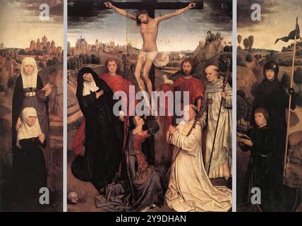 MEMLING, Hans (* ca. 1440, Seligenstadt, d. 1494, Brügge) Triptychon Jan Crabbe 1467-70 Öl auf Eichenplatte, 78 x 63 cm (Mittelplatte), 83,3 x 26,7 cm (jeder Flügel) Museo Civico, Vicenza das Triptychon wurde zu einem gewissen Zeitpunkt in seiner Geschichte zerlegt, um die verschiedenen Tafeln einzeln verkaufen zu können. Dies trat ab dem 18. Jahrhundert häufig auf. Das Innere der Seitenverkleidungen befindet sich jetzt in der Pierpont Morgan Library, New York. In Anbetracht des Stils und der durchgehenden Komposition besteht kein Grund, an der Verbindung zwischen diesen Tafeln und der Zentralplatte in Vicenz zu zweifeln Stockfoto