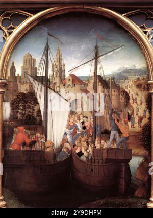 MEMLING, Hans (*ca. 1440, Seligenstadt, d. 1494, Brügge) St. Ursula-Schrein: Ankunft in Basel (Szene 2) 1489 Öl auf Platte, 35 x 25,3 cm Memlingmuseum, Sint-Janshospitaal, Brügge 2. Ankunft in Basel die Flotte, wieder vertreten durch nur zwei Schiffe, hat in Basel eingelaufen. In diesem Jahr gehören zum Memling männliche Pilger, entsprechend der Vision der Legende, die Elisabeth von Schöngau erlebt hat. Seeleute Rollen die Segel. Das Stadtbild ist imaginär, nur der spätgotische Turm wird als Echo des Rathauses in Brüssel interpretiert. Die Pilger werden gezeigt, wie sie Basel auf Th verlassen Stockfoto