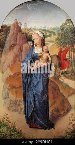 MEMLING, Hans (*ca. 1440, Seligenstadt, d. 1494, Brügge) Jungfrau und Kind in einer Landschaft - Öl auf Holz, 50 x 29 cm Sammlung Rotschild, Paris dieses frühe Werk des Künstlers stellt wahrscheinlich die Szene der Ruhe während der Reise nach Ägypten dar. --- Schlüsselwörter: ----------------- Autor: MEMLING, Hans Titel: Jungfrau und Kind in einer Landschaft Zeitlinie: 1451-1500 Schule: Flämische Form: Malerei Typ: Religiös Stockfoto