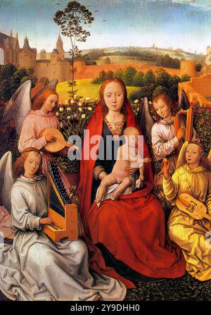 MEMLING, Hans (*ca. 1440, Seligenstadt, d. 1494, Brügge) Jungfrau und Kind mit dem Musiker Engel 1480 Öl auf Eiche, 40 x 29 cm Alte Pinakothek, München die Tafel ist der linke Flügel eines Diptychons, dessen rechter Flügel den Stifter mit St. Georg darstellt. --- Schlüsselwörter: ----------------- Autor: MEMLING, Hans Titel: Jungfrau und Kind mit Musiker Engel Zeitlinie: 1451-1500 Schule: Flämische Form: Malerei Typ: Religiös Stockfoto