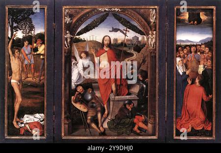 MEMLING, Hans (* ca. 1440, Seligenstadt, d. 1494, Brügge) Triptychon der Auferstehung um 1490 Öl auf Holz, Mitteltafel 62 x 45 cm, Flügel 62 x 19 cm Musée du Louvre, Paris das Triptychon stellt die Auferstehung (Mitte), das Martyrium des heiligen Sebastian (links) und die Himmelfahrt (rechts) dar. --- Schlüsselwörter: ----------------- Autor: MEMLING, Hans Titel: Triptychon der Auferstehung Zeitlinie: 1451-1500 Schule: Flämische Form: Malerei Typ: Religiös Stockfoto