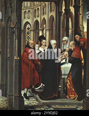 MEMLING, Hans (* ca. 1440, Seligenstadt, d. 1494, Brügge) The Presentation in the Temple 1463 Oil on Wood, 60 x 48 cm National Gallery of Art, Washington Memling, deutscher Herkunft, arbeitete für den größten Teil seiner aktiven Karriere in Brügge, dem damals bedeutendsten Kunstzentrum und der reichsten Stadt Nordeuropas. In diesem frühen Werk spiegeln die Pracht der fantastischen Umgebung und die reichen Brokate die Opulenz der Gesellschaft wider, aus der der Künstler seine Aufträge erhielt. Die beiden Mädchen, deren Anwesenheit im Bibeltext nicht vorgeschrieben ist, können Mitglieder der Familie des Spenders vertreten. B Stockfoto