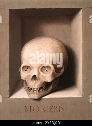 MEMLING, Hans (*ca. 1440, Seligenstadt, d. 1494, Brügge) St. Johannes und Veronica Diptychon (Rückseite des linken Flügels) ca. 1483 Öl auf Holz, 31,2 x 24,4 cm Alte Pinakothek, München die Rückseite des linken Flügels, der den Heiligen Johannes dem Evangelisten darstellt, stellt einen Schädel dar, das Symbol der Vergänglichkeit. --- Schlüsselwörter: ----------------- Autor: MEMLING, Hans Titel: St John und Veronica Diptychon (Rückseite des linken Flügels) Zeitlinie: 1451-1500 Schule: Flämische Form: Malerei Typ: Religiös Stockfoto