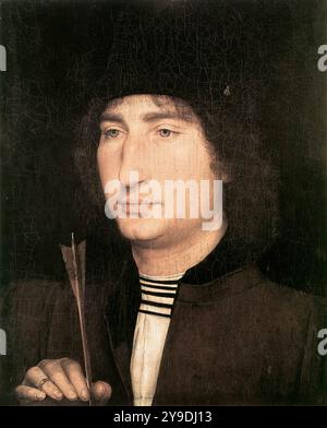 MEMLING, Hans (* ca. 1440, Seligenstadt, d. 1494, Brügge) Portrait of a man with an Arrow 1478-80 Oil on Oak Panel, 31,9 x 25,8 cm National Gallery of Art, Washington die Umrisse dieses Portraits ist unklar aufgrund der starken Verdunklung des ursprünglich hellblau-grünen Hintergrunds. Der Mann trägt eine schwarze Mütze mit einer Ziernadel in der umgedrehten Krempe, die eine Jungfrau auf einem Halbmond darstellt. Dies könnte ein Hinweis auf die persönliche Hingabe oder die Mitgliedschaft in einer religiösen Bruderschaft sein. Seine rechte Hand liegt am Rand des Bildes ganz links. Die Finger Stockfoto