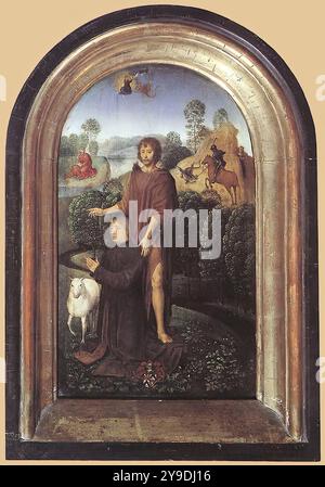 MEMLING, Hans (* ca. 1440, Seligenstadt, d. 1494, Brügge) Diptychon von Jean de Cellier um 1475 Öl auf Holz, 25 x 15 cm Musée du Louvre, Paris die rechte Tafel des Diptychons stellt den Stifter mit Johannes dem Täufer dar. --- Schlüsselwörter: ----------------- Autor: MEMLING, Hans Titel: Diptychon von Jean de Cellier Zeitlinie: 1451-1500 Schule: Flämische Form: Malerei Typ: Religiös Stockfoto