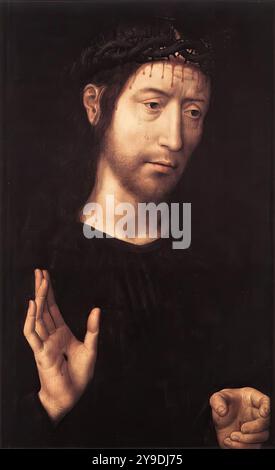 MEMLING, Hans (*ca. 1440, Seligenstadt, d. 1494, Brügge) Schmerzensmann Öl aus den 1480er Jahren auf Eichenplatte, 53,4 x 39,1 cm Palazzo Bianco, Genua Dank einer Kopie aus dem späten 15. Jahrhundert (mit Hinzufügung einer Hintergrundlandschaft), die im Musée des Beaux-Arts in Straßburg intakt erhalten ist, wissen wir mit Sicherheit, dass dieser Schmerzensmann ursprünglich eine betende Jungfrau als Begleitstück hatte. Auch eine Reihe von Exemplaren der letzteren sind erhalten. Das beste Beispiel der Serie ist in den Uffizien in Florenz zu finden. Alle Kopien weisen einen ähnlich harten skulpturalen Stil auf, der es nicht haben kann Stockfoto
