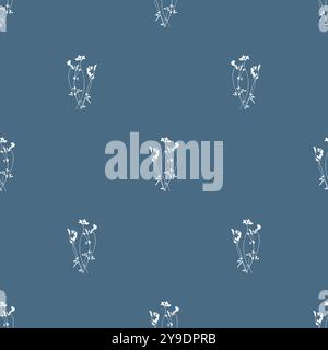 Weiße Blumensilhouetten auf blauem Muster Stock Vektor
