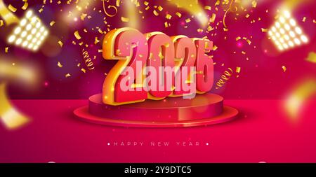Happy New Year 2025 Illustration mit 3D-Zahl, Bühnenpodium und fallendem Konfetti auf rotem Hintergrund. Weihnachtsdesign mit Typografie-Schriftzug für Stock Vektor