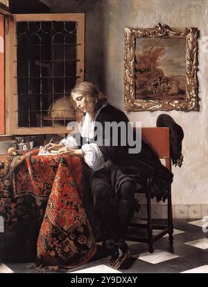 METSU, Gabriel (* 1629, Leiden, d. 1667, Amsterdam) Mann, der einen Brief schreibt 1662-65 Öl auf Leinwand National Gallery of Ireland, Dublin Metsu unbestreitbare Meisterwerke sind ein Mann, der einen Brief schreibt, und eine Frau, die einen Brief liest, die als Begleitstücke gemalt wurden. In beiden Gemälden wird die Art und Weise, wie das silbrige Tageslicht über die Figuren an hellen Wänden fließt, von Vermeer nicht übertroffen. Die Anhänger bieten ein kleines Drama: Der gutaussehende Mann schreibt einen Brief, und sein geduldiger Empfänger liest ihn aufmerksam im Licht eines Fensters vor. Schreiben und Lesen von Briefen werden hier wahrscheinlich mit Liebe in Verbindung gebracht Stockfoto