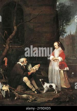 METSU, Gabriel (* 1629, Leiden, d. 1667, Amsterdam) Geflügelverkäufer 1662 Eiche, 61,5 x 45,5 cm Gemäldegalerie, Dresden --- Schlüsselwörter: ----------------- Autor: METSU, Gabriel Titel: Geflügelverkäufer Zeitlinie: 1651-1700 Schule: Niederländisch Form: Malerei Art: Genre Stockfoto