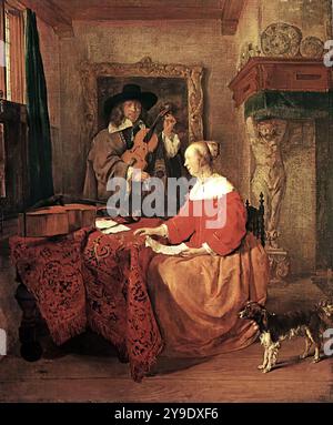 METSU, Gabriel (* 1629, Leiden, d. 1667, Amsterdam) Eine Frau am Tisch und ein Mann, der eine Violine - Öl auf Leinwand tönt, 43 x 37 cm National Gallery, London der Maler folgt dem Beispiel von Jan Vermeer van Delft. --- Schlüsselwörter: ----------------- Autor: METSU, Gabriel Titel: Eine Frau, die an einem Tisch sitzt und ein Mann, der eine Violine tönt Zeitlinie: 1651-1700 Schule: Niederländisch Form: Malerei Typ: Genre Stockfoto