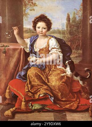 MIGNARD, Pierre (* 1612, Troyes, d. 1695, Paris) Girl Blowing Seifenblasen 1674 Öl auf Leinwand, 132 x 96 cm Châteaux de Versailles, Versailles --- Schlüsselwörter: ----------------- Autor: MIGNARD, Pierre Titel: Girl Blowing Seifenblasen Time-Line: 1651-1700 Schule: Französisch Form: Malerei Typ: Religiös Stockfoto