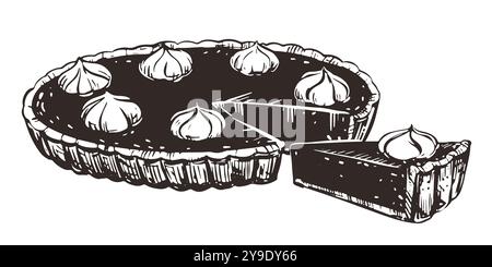 Herbstkürbiskuchen mit Schlagsahne. Traditionelles Backen zu Thanksgiving und Halloween. Vektorabbildung im handgezeichneten Skizzenstil. Zeilenbild in Stock Vektor