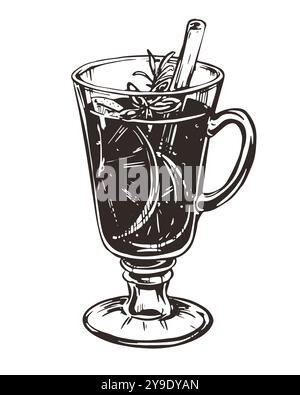 Glühwein mit Zimtstab, Sternanis und Orangenscheibe. Handgezeichnete Vektorgrafik. Gravierte Art des alkoholischen Weihnachtsgetränks mit Stock Vektor