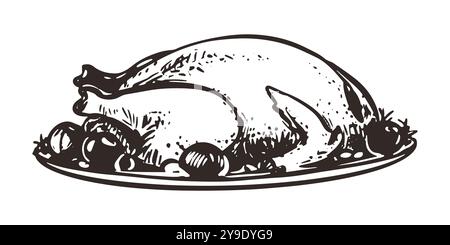 Handgezogener braten auf einem Teller mit Gemüse. Vektorskizze der Weihnachtsschale im Stich-Stil. Gebackenes Hühnchen mit Gemüse auf einem Teller für T Stock Vektor