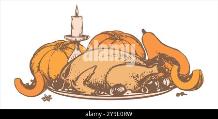 Handgezeichneter gebratener truthahn auf einem Teller mit Gemüse und Orangenkürbissen. Vektorskizze im Gravurstil. Gebackenes Hühnchen mit Gemüse auf einem Teller f Stock Vektor