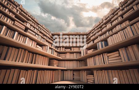 Niedriger Winkel Schuss unzählige Bücherregale volle Bücher Wolkenhimmel 3d Stockfoto