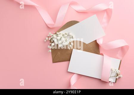 Leere Karten, Umschläge, Band und gypsophila-Blumen auf rosa Hintergrund, flache Lay. Leerzeichen für Text Stockfoto