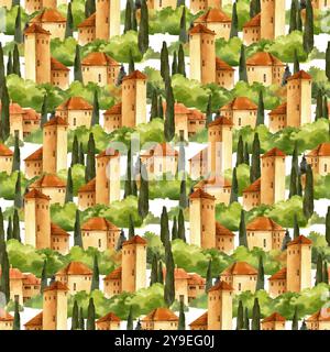 Italienische ländliche Landschaft mit Feldern und Hügeln, nahtloses Muster mit Zypressen, Aquarellillustration. Mediterrane Europa Landschaft mit alten Stockfoto