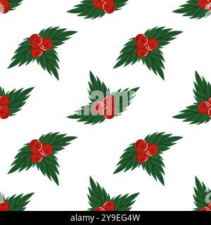 Nahtloses Muster von stechpalmenblättern und Beeren in flachem Stil auf weißem Hintergrund. Perfekt für weihnachtliches Design, festliches Geschenkpapier, saisonale Einrichtung Stock Vektor