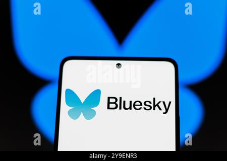 September 2024, Paraguay. In dieser Abbildung wird das Bluesky-Logo auf einem Smartphone-Bildschirm angezeigt Stockfoto