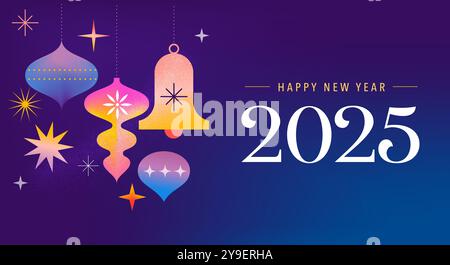 Happy New Year 2025, Neujahrshintergrund, Banner, Posterdesign. Moderne lebendige Illustration, Konzeptdesign mit Weihnachtsdekoration Stock Vektor