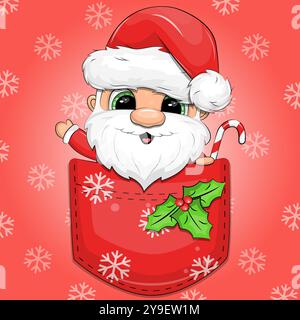 Der süße Cartoon Santa Claus in der roten Tasche. Weihnachtsvektor-Illustration auf einem roten Hintergrund mit Schneeflocken. Stock Vektor