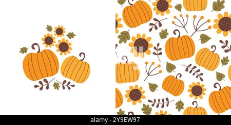 Herbstkarte und nahtloses Muster. Hintergrund mit Kürbissen, Sonnenblumen und Herbstblättern. Thanksgiving Tag Vektor Illustration. Stock Vektor