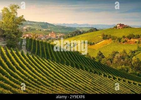 Blick auf die Langhe Weinberge bei Sonnenuntergang und Barolo Dorf und Schloss im Hintergrund. Piemont, Italien, Europa Stockfoto