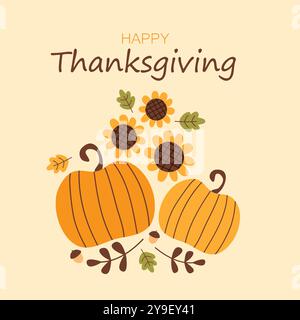 Thanksgiving-Tag Hintergrund mit Kürbissen und Sonnenblumen. Vektorabbildung. Stock Vektor
