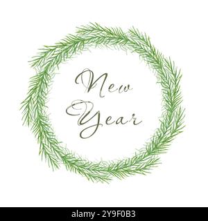 Ein Weihnachtskranz aus flauschigen Fichtenzweigen. Rundkranz mit Aquarell, Platz für Text. Geschnitzt auf weißem Hintergrund. Clipart mit Wasserfarben. Postkarte Stockfoto