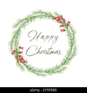 Ein Weihnachtskranz aus flauschigen Tannenzweigen mit roten Hagebuttenbeeren. Ein runder Kranz aus Aquarell, ein leerer Ort für Text. Clipar mit Wasserfarben Stockfoto