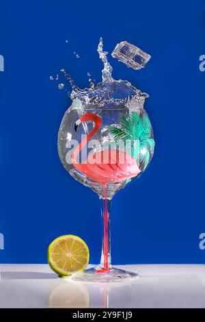 Flamingo dekoriertes Glas mit Gin Tonic und Tropfeiswürfeln, die Wasserspritzer verursachen Stockfoto