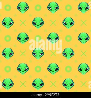 Trendiges nahtloses Muster mit Alien-Kopf und geheimnisvollen grünen Charakteren. Science-Fiction. Neonfarbener heller, glatter Hintergrund. Geeignet für Wrappin Stock Vektor