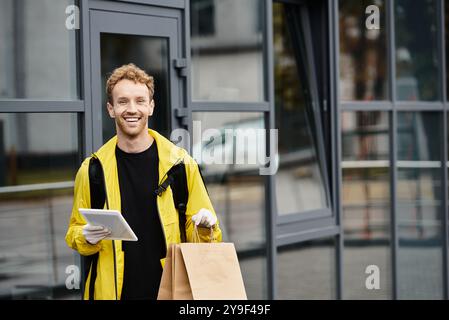 Ein Liefermann bringt eine Bestellung in ein Bürogebäude und lächelt fröhlich. Stockfoto