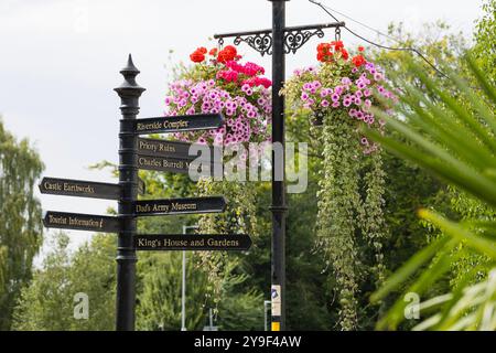 Blumen, hängende Körbe und Fußgängerschilder in Riverside, Thetford, Norfolk, Großbritannien Stockfoto