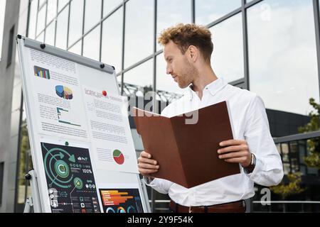 Eine fleißige Rothaarige in einem knusprigen weißen Hemd untersucht Projektdetails in einem modernen Bürobereich. Stockfoto