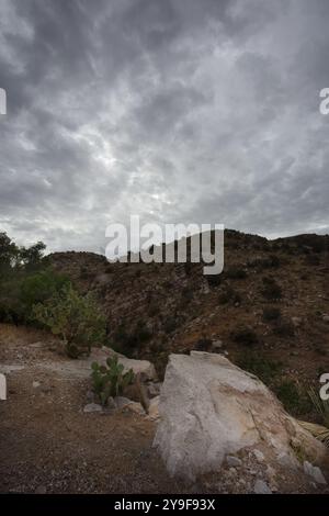 Der Blick auf den zerklüfteten Bergrücken ist eine trockene Landschaft mit natürlicher Aussicht auf den unteren Mt Lemmon auf dem Catalina Highway in Tucson, Ari Stockfoto