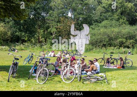 Junge Menschen genießen das schöne Wetter auf einem Rasen in der Nähe der Fischstatue Vissenbeeld im Vondelpark in Amsterdam. Stockfoto