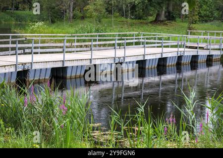 Brücke aus Metall im Park über die Wasserbarriere Stockfoto