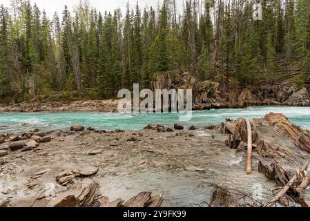 Atemberaubende Natural Bridge im Yoho National Park im Frühling mit unglaublichem Gletscherwasser, das über die felsige Landschaft im Yoho National Park fließt. Stockfoto