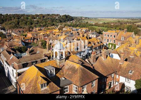 Blick auf die Stadt Rye von der Spitze der Kirche St. Mary Tower, Rye, East Sussex, England, Großbritannien, Europa Stockfoto