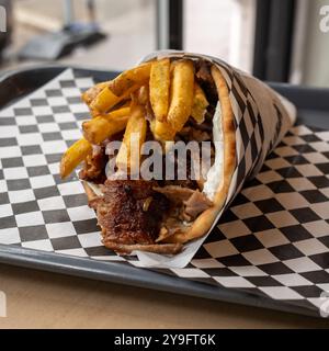 Griechische Gyros mit Schweinefleisch, serviert auf einem Tablett in einem Fast-Food-Restaurant Stockfoto
