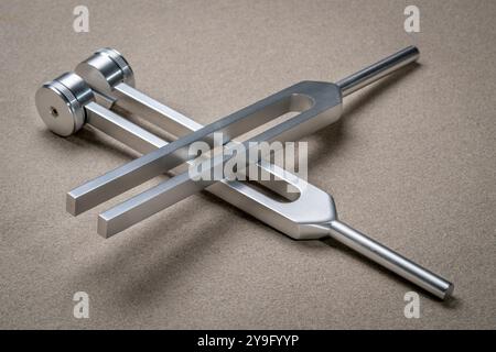 Gewichtete und ungewichtete Stimmgabeln aus Metall, die zum Abstimmen von Musikinstrumenten, zur Klangtherapie, zur Chakra-Heilung oder Entspannung verwendet werden. Stockfoto