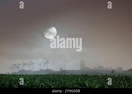 Mittelalterliches landwirtschaftliches Dorf im Norden Portugals in der Nähe des von Nebel gehüllten Meeres mit einem Maisfeld im Vordergrund Stockfoto