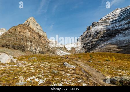 Wunderschöne herbstliche Ausblicke am Sentinal Pass, Larch Valley im September mit leichtem Schnee über die unglaubliche Landschaft im Norden Kanadas, Stockfoto