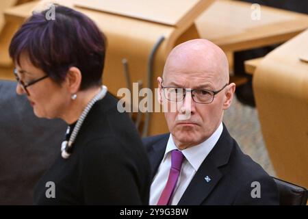 Edinburgh Schottland, Vereinigtes Königreich 10. Oktober 2024. Erster Minister John Swinney und Kabinettssekretärin für Justiz und Inneres Angela Constance MSP im schottischen Parlament. Credit sst/alamy Live News Stockfoto