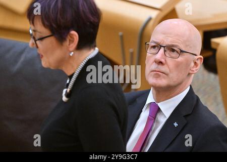 Edinburgh Schottland, Vereinigtes Königreich 10. Oktober 2024. Erster Minister John Swinney und Kabinettssekretärin für Justiz und Inneres Angela Constance MSP im schottischen Parlament. Credit sst/alamy Live News Stockfoto