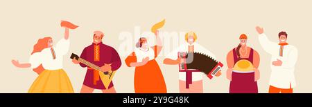 Fröhliche und gastfreundliche Russen in traditionellen Trachten. Russischer Nationalfeiertag. Willkommen in Russland Stock Vektor